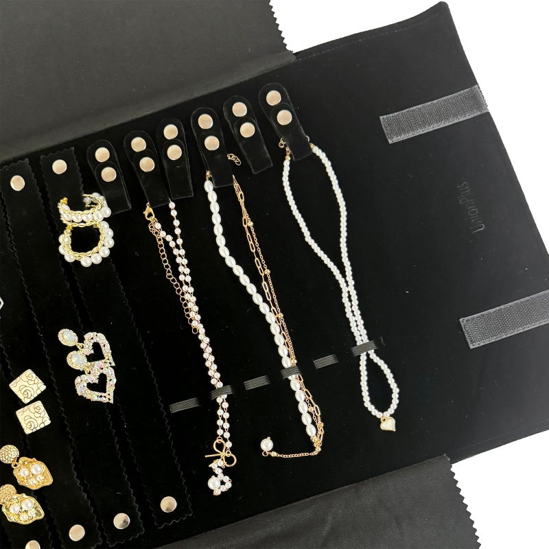 UnionPlus Velvet Jewelry Case Roll Bag for Necklace Bracelet Earrings Rings Multi-compartments, Great Jewelry Organizer for Travel, Black - Image 4